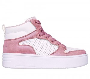 Girls's Skechers Court High - Shine Kicks Lace Up Shoes White / Pink USA | 7650-QDKIM