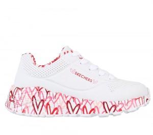 Girls's Skechers x JGoldcrown: Uno Lite - Lovely Luv Lace Up Shoes White / Red / Pink USA | 0562-XYWZO