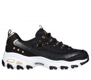 Women Skechers D'Lites Lace Up Shoes Black / Gold USA | 0897-RTQPZ
