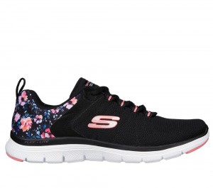 Women Skechers FLEX APPEAL 4.0 - LET IT BLOSSOM Lace Up Shoes Black / Multicolor USA | 8326-VKSPG