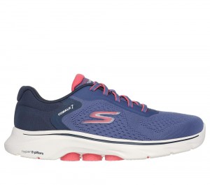 Women Skechers GO WALK 7 - Cosmic Waves Slip On Shoes Navy / Coral USA | 3160-QCNWS