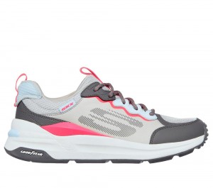 Women Skechers Global Jogger - Fresh Strike Slip On Shoes Grey / Pink USA | 4350-QWNAD