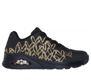 Women Skechers JGoldcrown: Uno - Golden Heart Lace Up Shoes Black / Gold USA | 2374-OJSQN