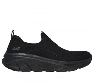 Women Skechers Relaxed Fit: D'Lux Walker 2.0 - Bold State Slip On Shoes Black USA | 2068-JADCV