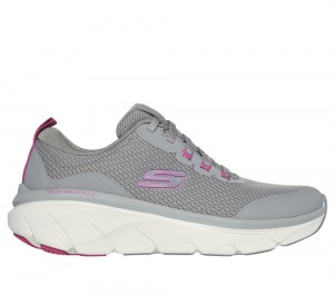 Women Skechers Relaxed Fit: D'Lux Walker 2.0 - Radiant Rose Lace Up Shoes Grey / Purple USA | 8945-ABIKC