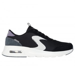 Women Skechers Skech-Air Court - Air Wave Lace Up Shoes Black / White / Grey USA | 9436-CXBDK