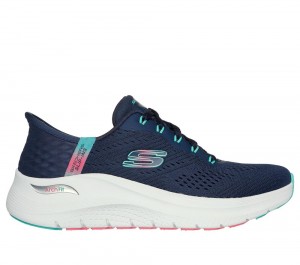 Women Skechers Slip-ins: Arch Fit 2.0 - Easy Chic Lace Up Shoes Navy / Turquoise USA | 8453-IMVKN