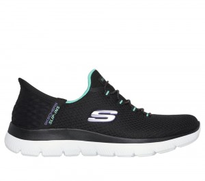 Women Skechers Slip-ins: Summits - Diamond Dream Slip On Shoes Black / Turquoise USA | 7540-MCGDW