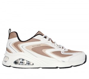 Women Skechers Tres-Air Uno - Street Fl-Air Lace Up Shoes White / Tan USA | 1479-VLZSA
