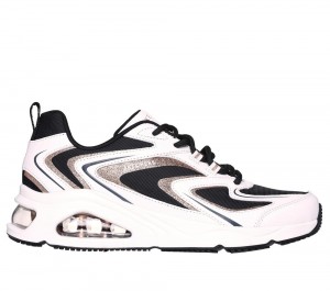 Women Skechers Tres-Air - Shimm-Airy Lace Up Shoes White / Black / Gold USA | 7809-UKYTL