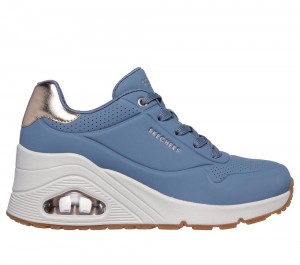 Women Skechers Uno Wedge - HI Steps Lace Up Shoes Slate Light Navy Blue USA | 0385-MWZCD