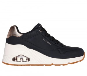 Women Skechers Uno Wedge - HI Steps Lace Up Shoes Black USA | 2508-DVWPX