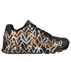 Women Skechers x JGoldcrown: Uno - Metallic Love Wedges Black / Gold USA | 9760-TKHXV