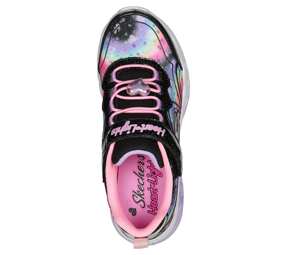 Girls's Skechers Flutter Heart Lights - Groovy Swirl Sneakers Black / Pink  USA |  7269-OCPSJ