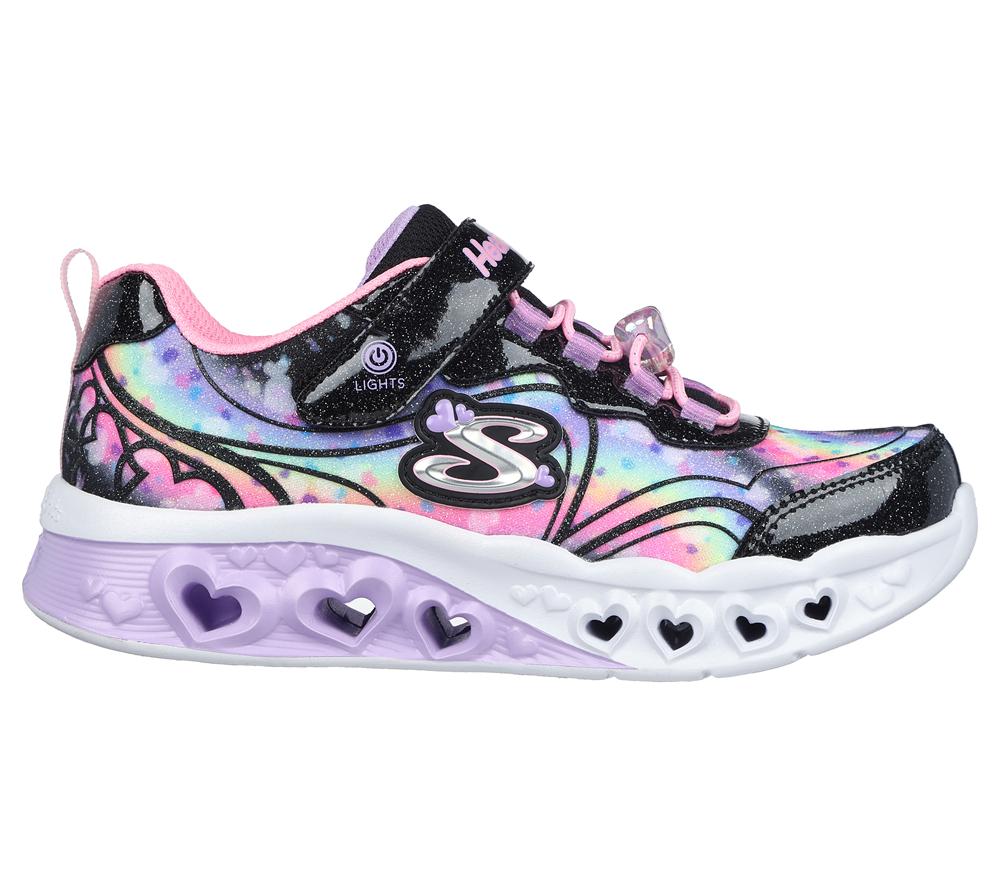 Girls\'s Skechers Flutter Heart Lights - Groovy Swirl Sneakers Black / Pink  USA |  7269-OCPSJ