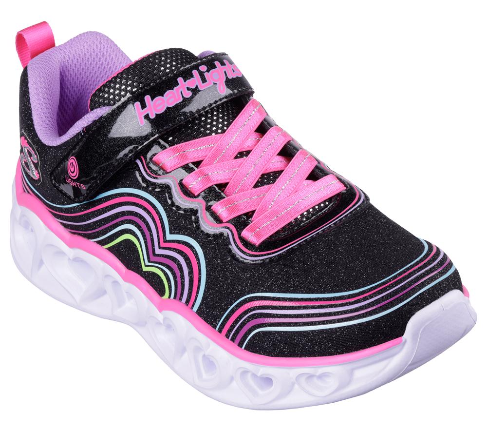 Girls's Skechers Heart Lights - Retro Hearts Light Up Sneakers Black / Multicolor  USA |  5309-GYVAS