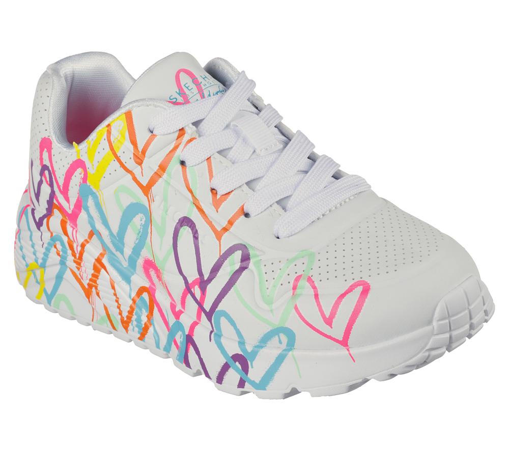 Girls's Skechers JGoldcrown: Uno Lite - Spread the Love Lace Up Shoes White / Multicolor  USA |  3874-NULAX
