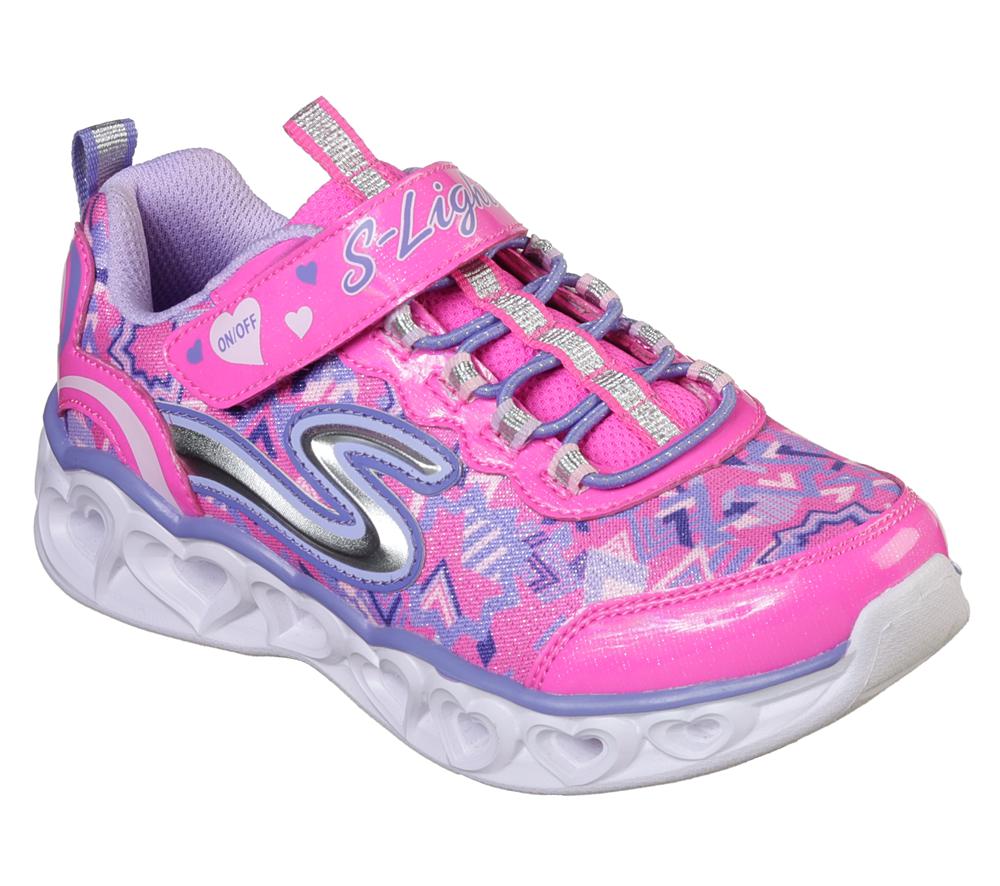 Girls's Skechers S Lights: Heart Lights Sneakers Neon Pink / Multi  USA |  1359-AUNRE
