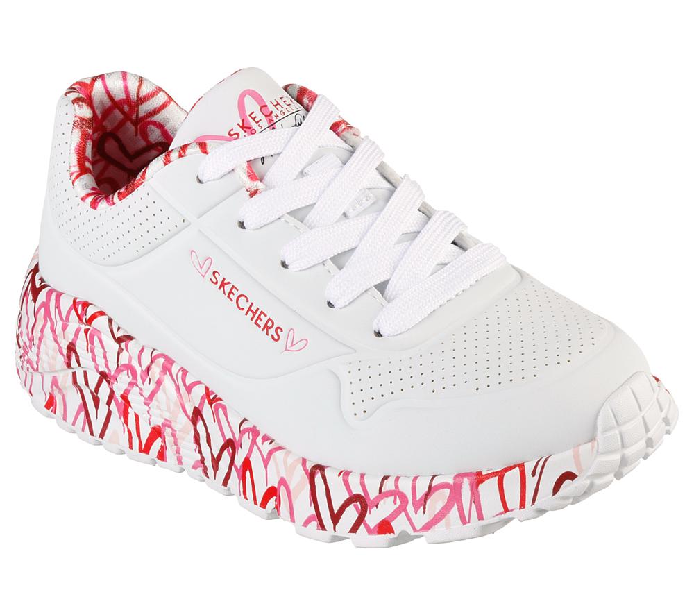 Girls's Skechers x JGoldcrown: Uno Lite - Lovely Luv Lace Up Shoes White / Red / Pink  USA |  0562-XYWZO