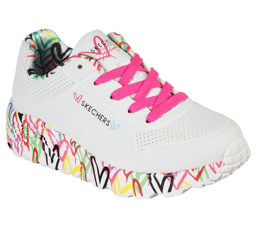 Girls's Skechers x JGoldcrown: Uno Lite - Lovely Luv Lace Up Shoes White / Multicolor  USA |  0329-NVYUW