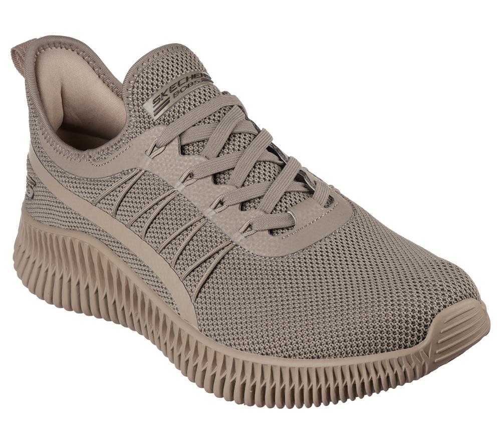 Men Skechers BOBS Geo Slip On Shoes Taupe Brown  USA |  5401-HMLPA