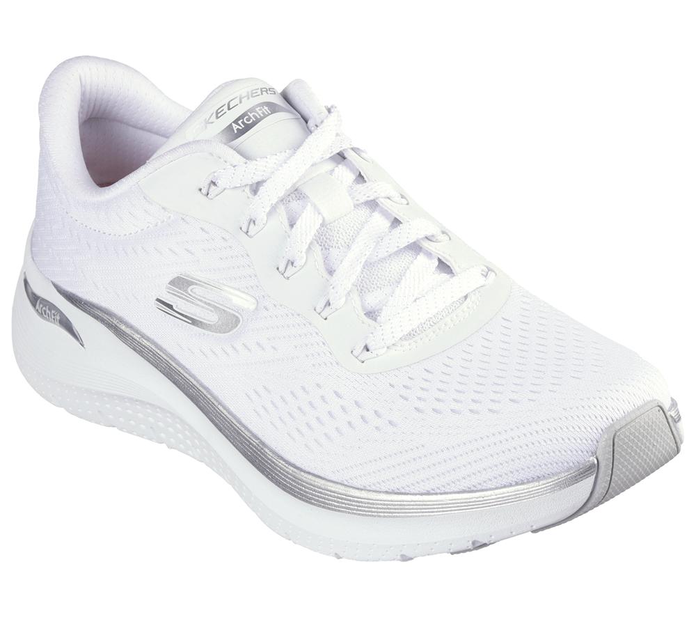 Women Skechers Arch Fit 2.0 - Glow The Distance Lace Up Shoes White / Silver  USA |  3486-GYLDB