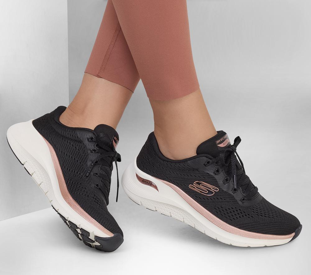 Women Skechers Arch Fit 2.0 - Glow The Distance Lace Up Shoes Black / Rose Gold  USA |  2045-MLAZG