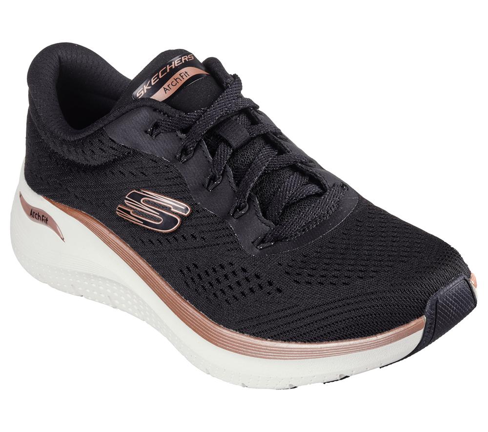 Women Skechers Arch Fit 2.0 - Glow The Distance Lace Up Shoes Black / Rose Gold  USA |  2045-MLAZG