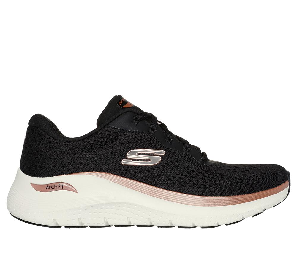 Women Skechers Arch Fit 2.0 - Glow The Distance Lace Up Shoes Black / Rose Gold  USA |  2045-MLAZG
