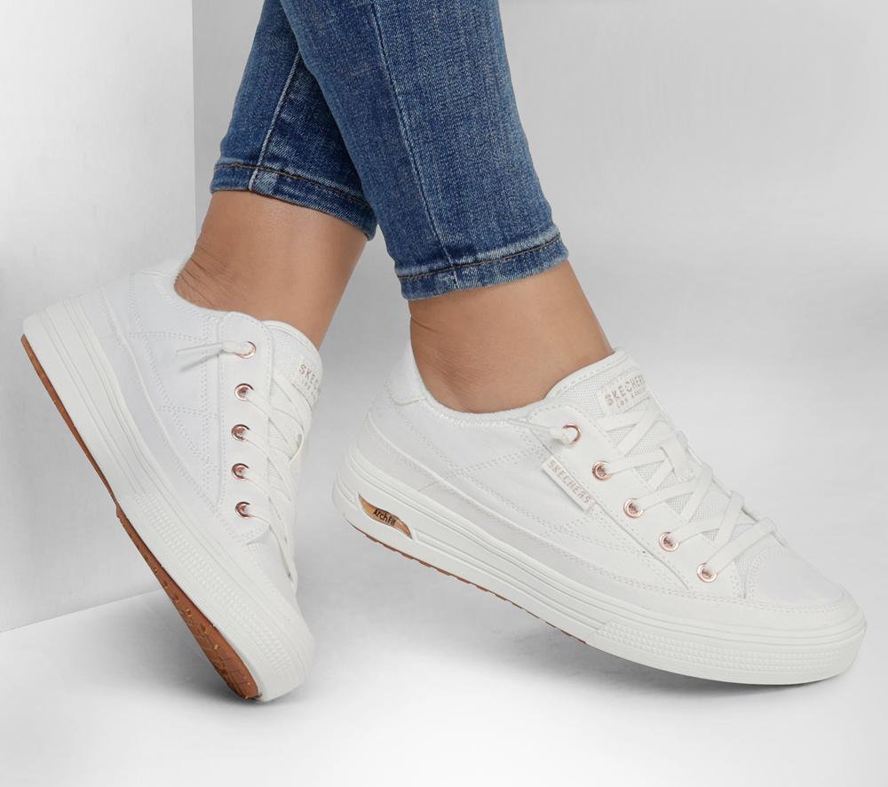 Women Skechers Arch Fit Arcade - Meet Ya There Canvas Shoes White  USA |  0572-IUJHM