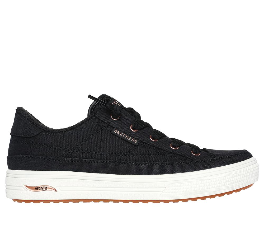 Women Skechers Arch Fit Arcade - Meet Ya There Canvas Shoes Black  USA |  6937-ZCFSD