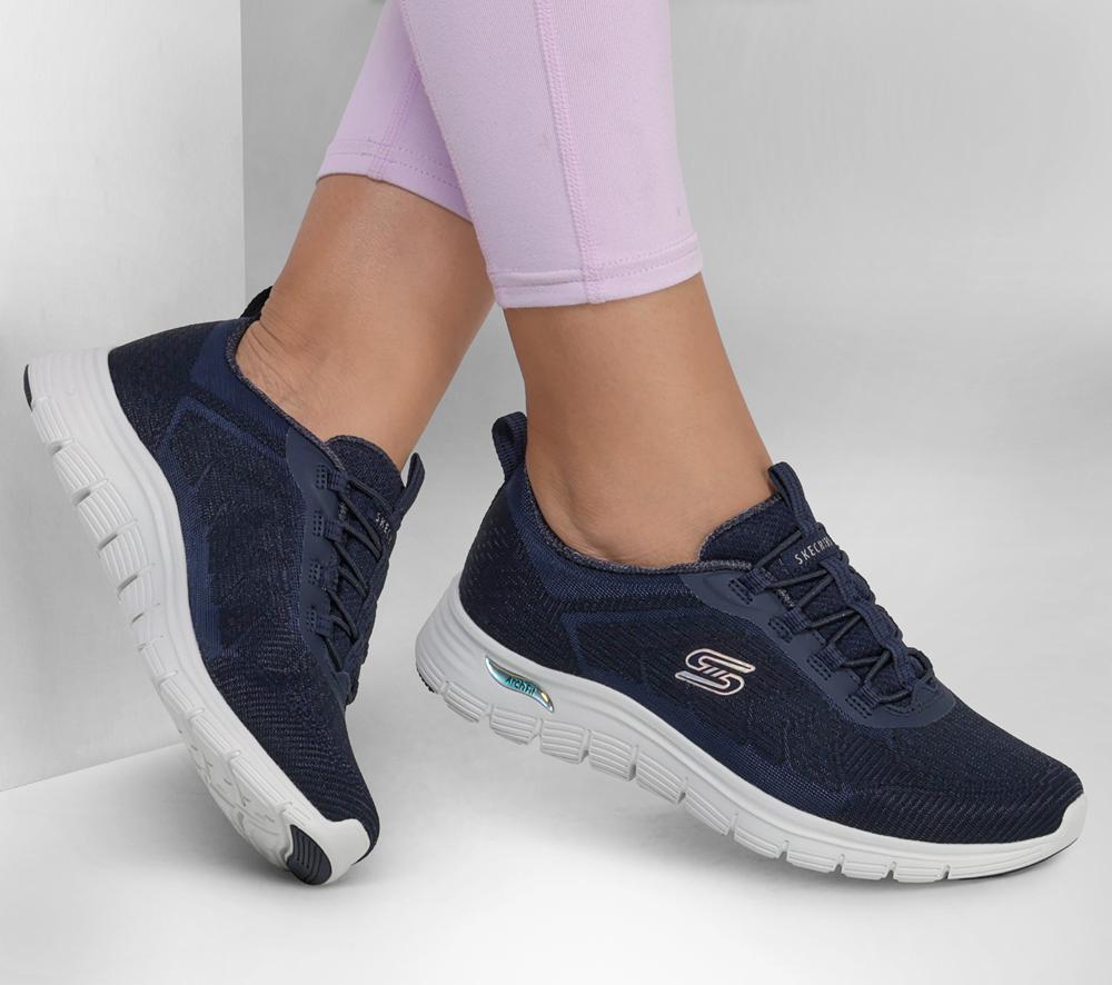 Women Skechers Arch Fit Vista - Gleaming Slip On Shoes Navy  USA |  5326-OBQEJ