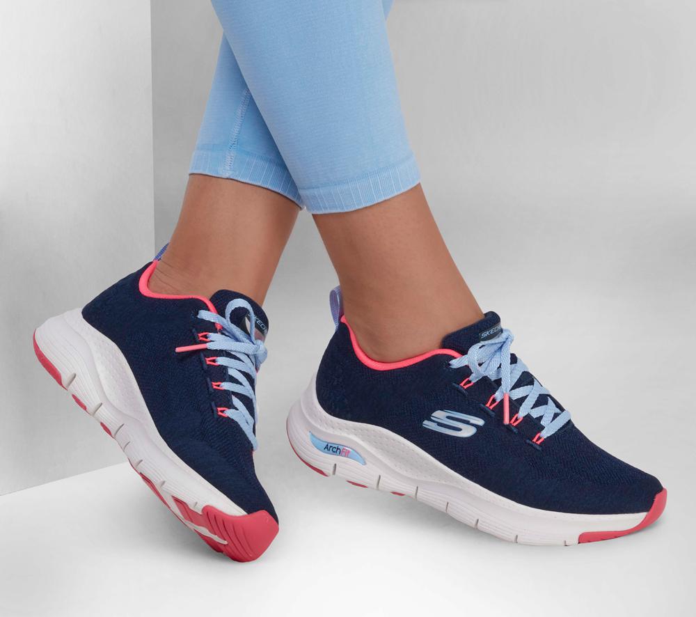 Women Skechers Arch Fit - Comfy Wave Lace Up Shoes Navy / Hot Pink  USA |  1927-YRNEH