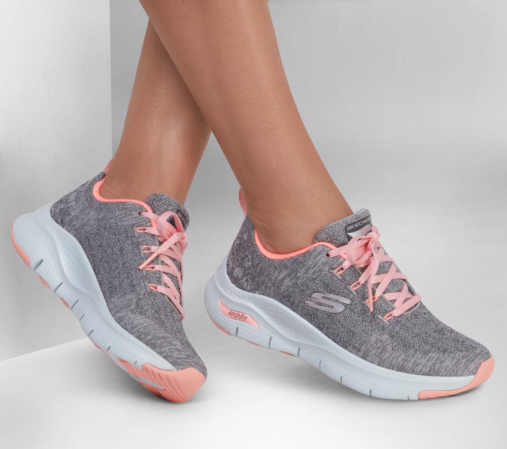 Women Skechers Arch Fit - Comfy Wave Lace Up Shoes Grey / Pink  USA |  3658-IDJUS