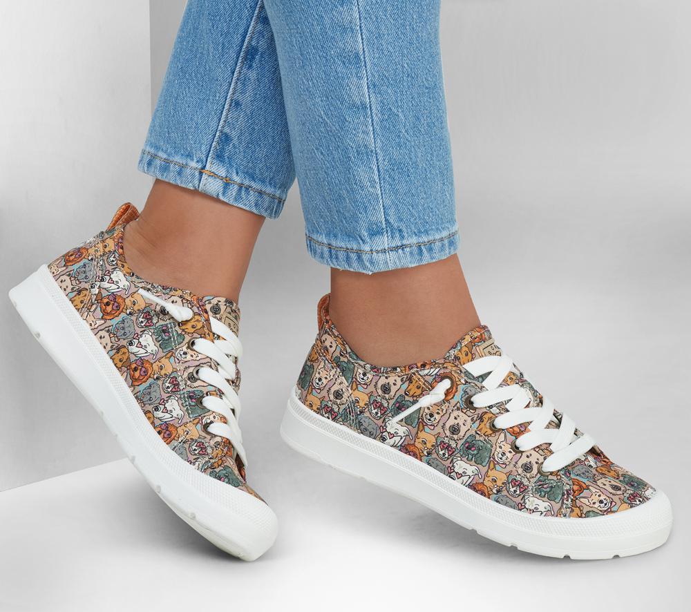 Women Skechers BOBS Beyond - Pup Parade Canvas Shoes Brown / Multicolor  USA |  9273-SJVLB