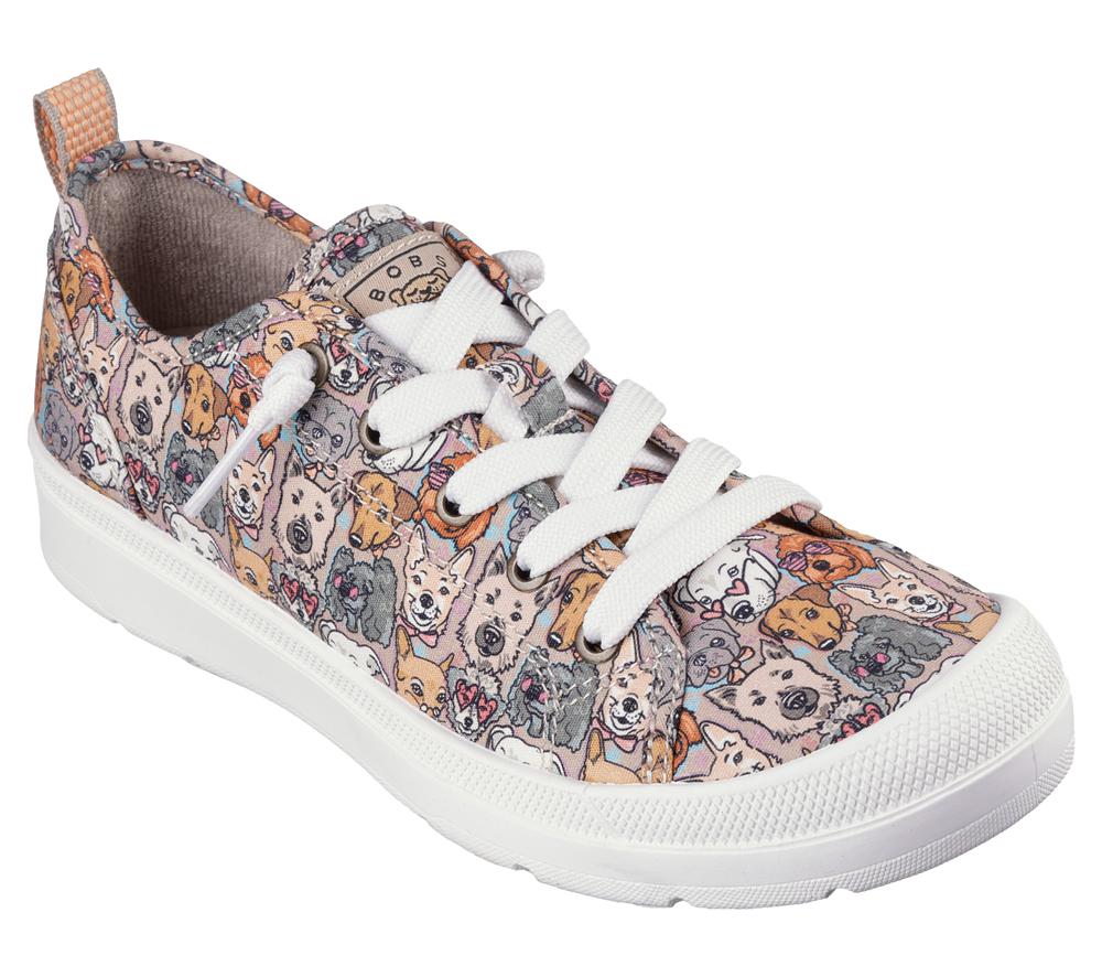 Women Skechers BOBS Beyond - Pup Parade Canvas Shoes Brown / Multicolor  USA |  9273-SJVLB
