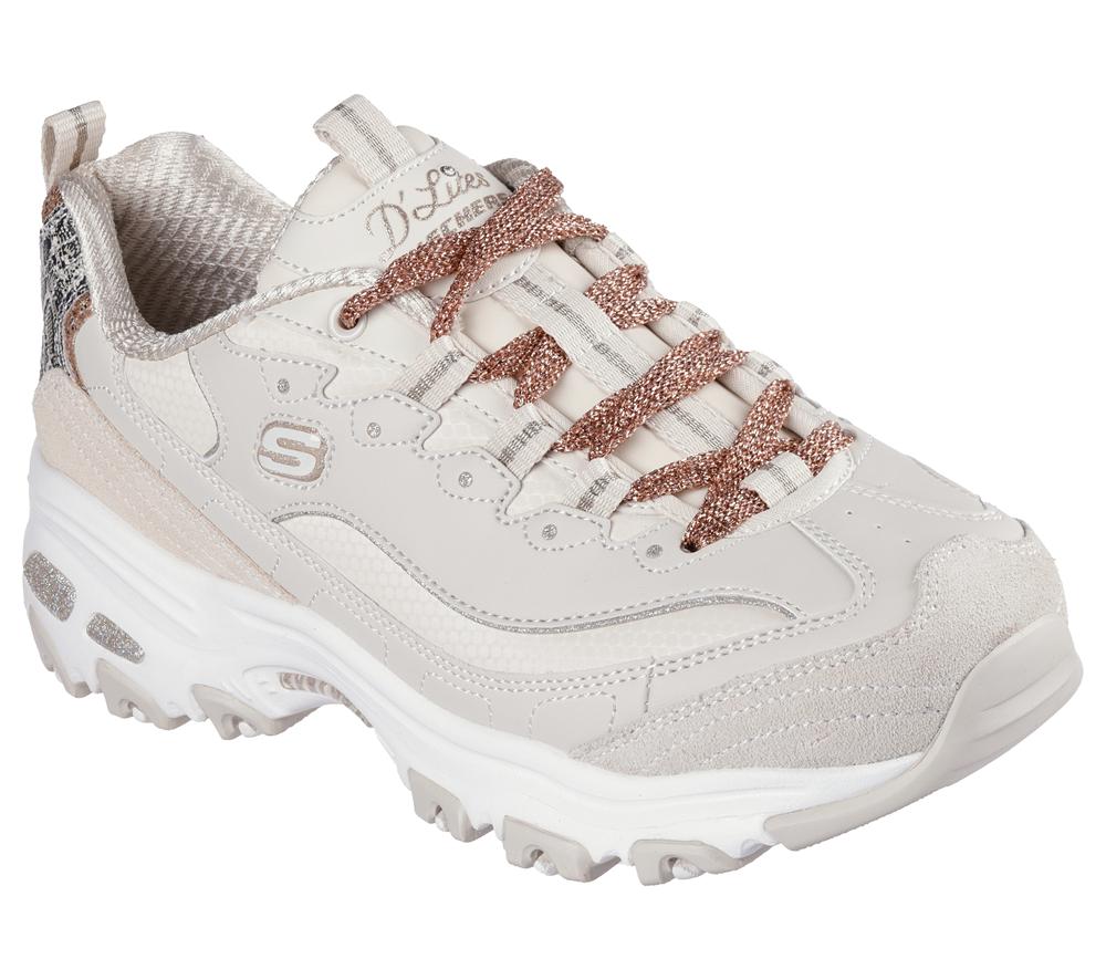 Women Skechers D'Lites - Golden Chic Lace Up Shoes Natural / Gold  USA |  9307-IFCWH
