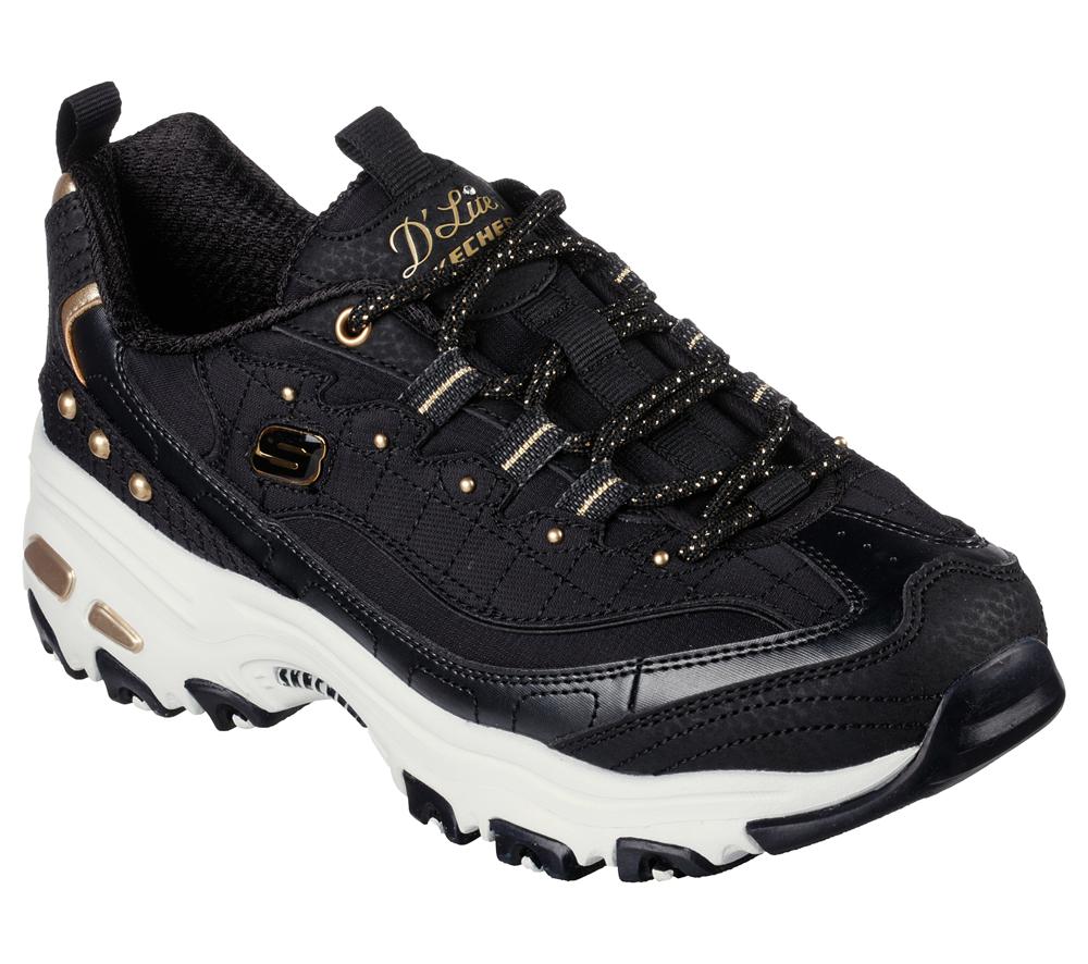 Women Skechers D'Lites Sneakers Black / Gold  USA |  8912-ZOWUJ