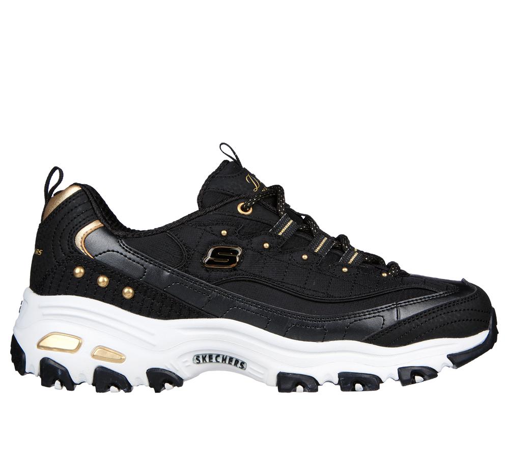 Women Skechers D\'Lites Sneakers Black / Gold  USA |  8912-ZOWUJ