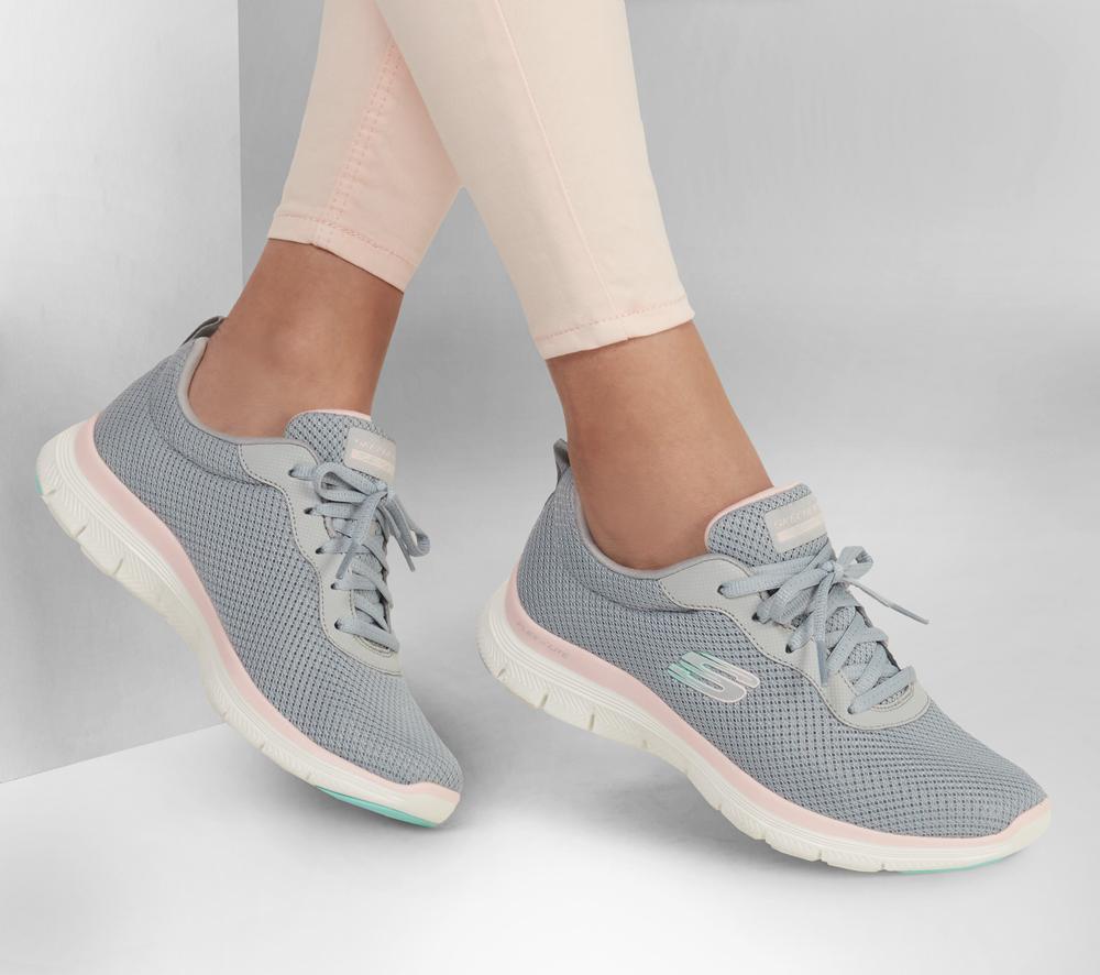 Women Skechers Flex Appeal 4.0 - Brilliant View Lace Up Shoes Grey / Light Pink  USA |  3298-GAPXT