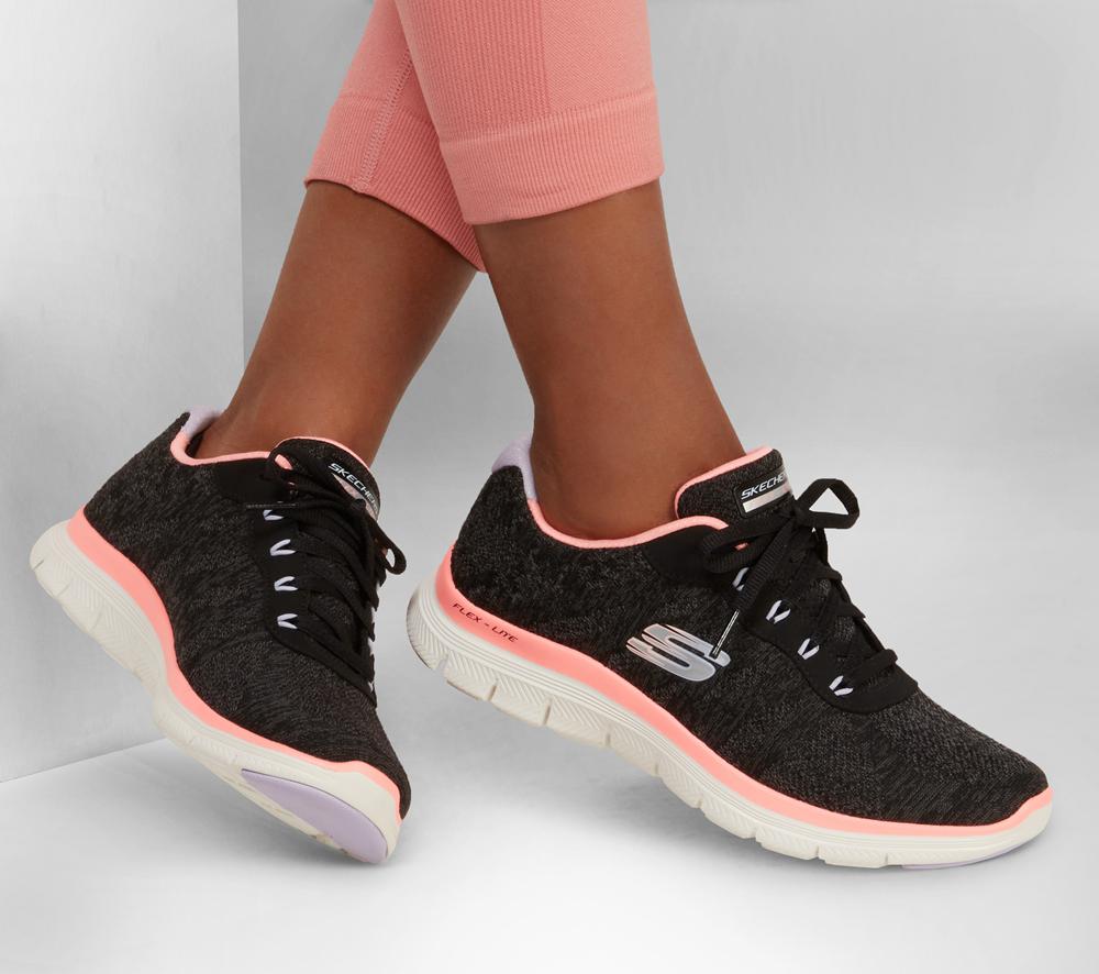 Women Skechers Flex Appeal 4.0 - Fresh Move Lace Up Shoes Black / Coral  USA |  4021-JNKPA