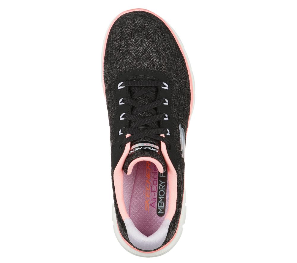 Women Skechers Flex Appeal 4.0 - Fresh Move Lace Up Shoes Black / Coral  USA |  4021-JNKPA