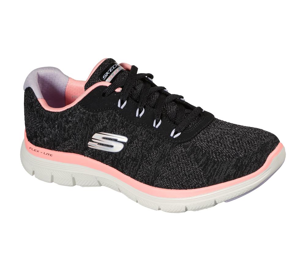 Women Skechers Flex Appeal 4.0 - Fresh Move Lace Up Shoes Black / Coral  USA |  4021-JNKPA
