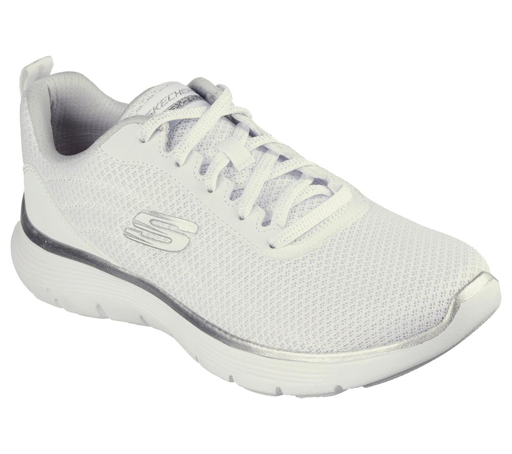 Women Skechers Flex Appeal 5.0 - Uptake Lace Up Shoes White / Silver  USA |  3628-ENJGC
