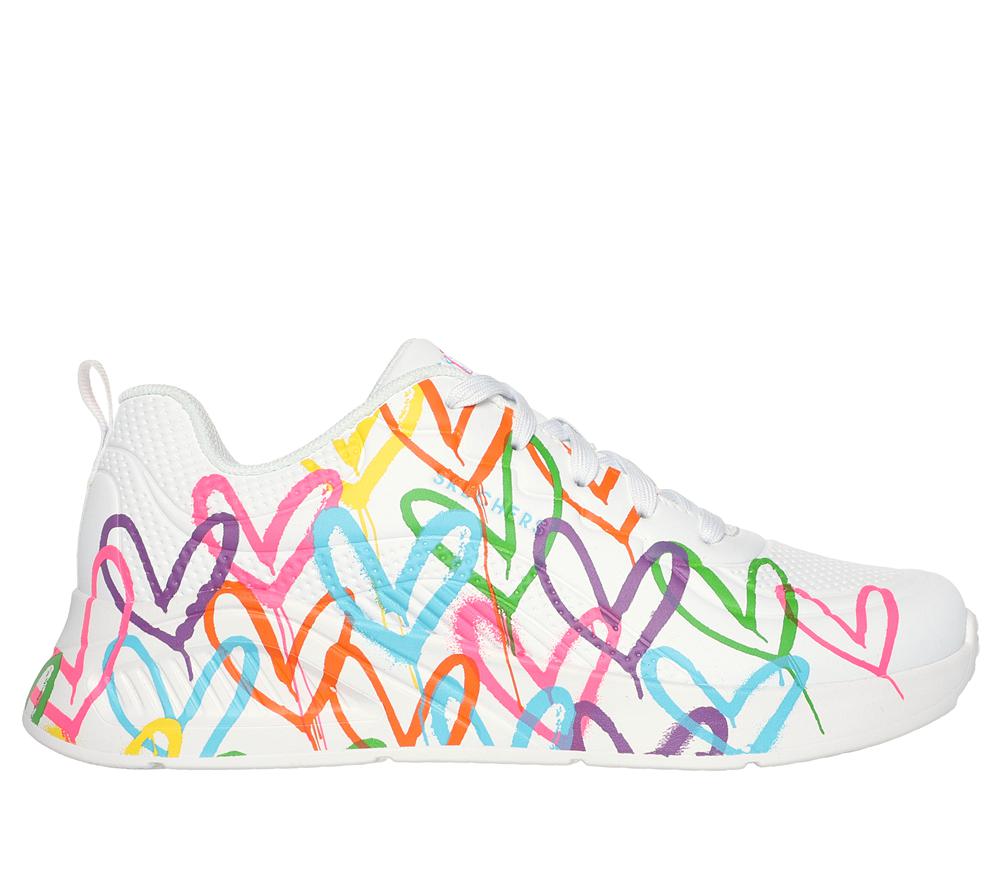 Women Skechers JGoldcrown: Uno Lite - Heart of Hearts Lace Up Shoes White / Multicolor  USA |  8941-OWQRM