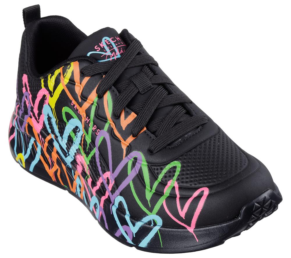 Women Skechers JGoldcrown: Uno Lite - Heart of Hearts Lace Up Shoes Black / Multicolor  USA |  6759-TKBOQ