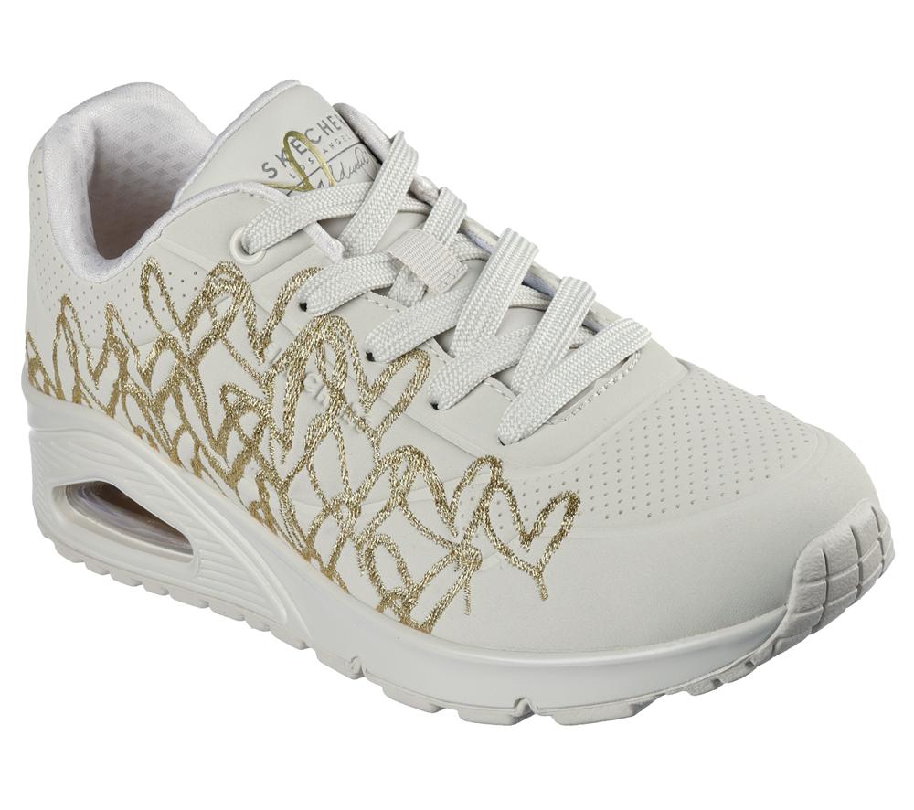 Women Skechers JGoldcrown: Uno - Golden Heart Lace Up Shoes Natural / Gold  USA |  2584-VTOSJ