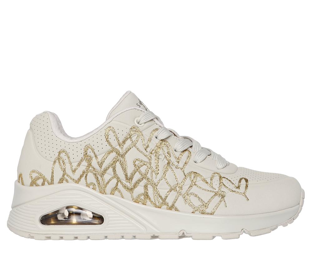 Women Skechers JGoldcrown: Uno - Golden Heart Lace Up Shoes Natural / Gold  USA |  2584-VTOSJ