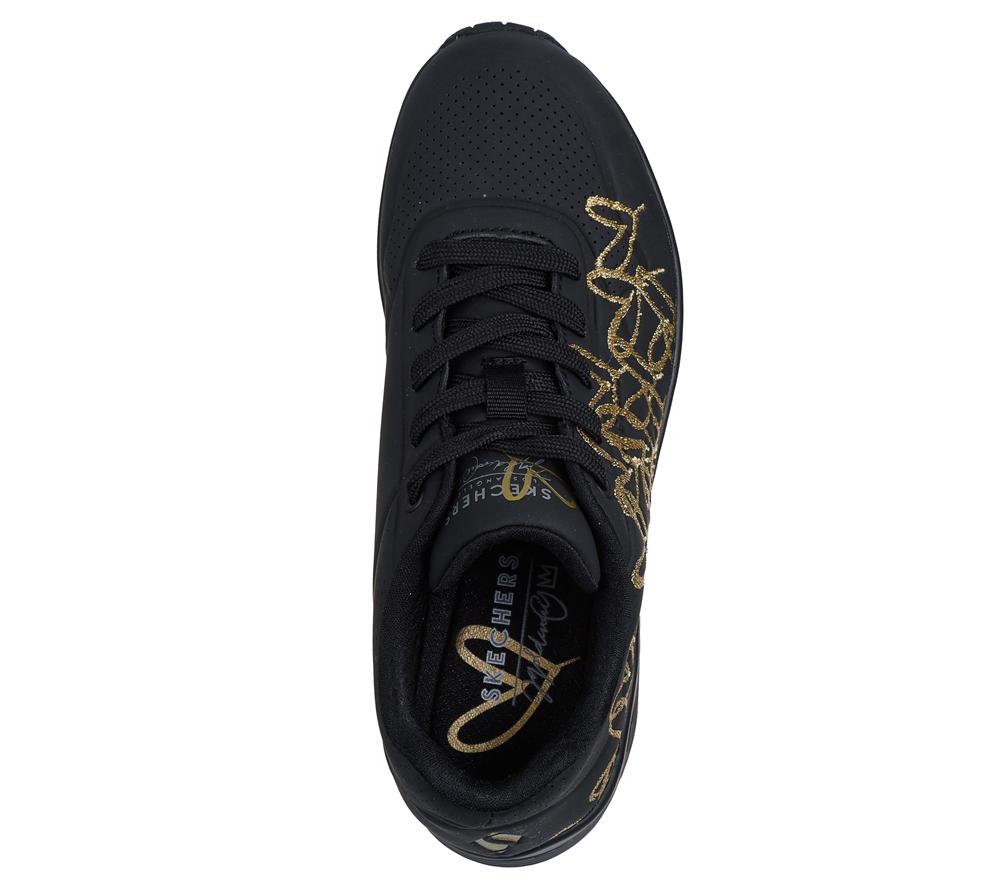 Women Skechers JGoldcrown: Uno - Golden Heart Lace Up Shoes Black / Gold  USA |  2374-OJSQN