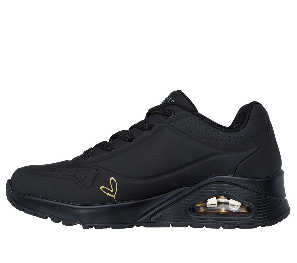 Women Skechers JGoldcrown: Uno - Golden Heart Lace Up Shoes Black / Gold  USA |  2374-OJSQN